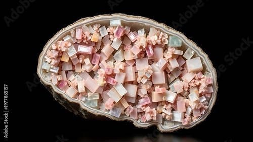 tubercular. Polished cross-section of a mineral specimen with vari-colored crystals. STEM education sheets, lab safety posters, designed for biotech research communications.