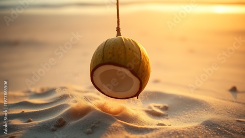 sedition. A ripe coconut falling onto soft sand, motion blur, sand spraying, beach at golden hour. travel magazines, destination branding, designed for outdoor magazines and nature guides.