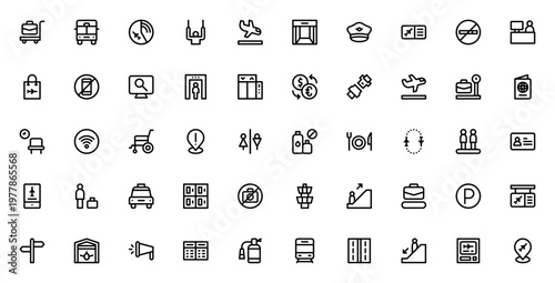 Airport icon set. Vector travel symbols collection. Includes trolley, bus, radar, gate, passport, luggage, security, services and more. Editable thin line icons.
