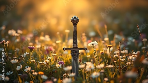 tolerable. Ancient sword half-buried in a flower-filled meadow under soft golden light. travel magazines, destination branding, designed for travel destination branding, used by procurement managers.