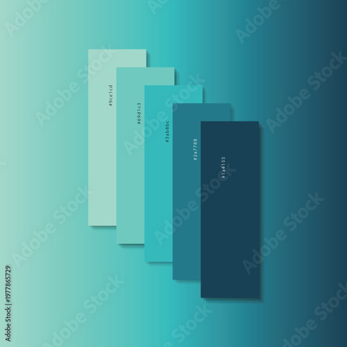 Teal color palette with hex codes, professional gradient swatches for graphic design and branding, monochromatic turquoise color scheme vector, modern aesthetic blue-green samples