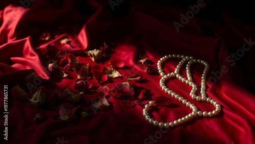 unawareness. A disheveled red silk sheet with scattered wilted rose petals and a broken pearl necklace. wellbeing guides, coaching materials, designed for coaching and self-improvement content.
