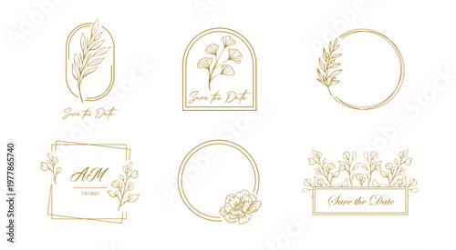 Elegant Botanical Logo Frames Set with Gold Line Art Floral Elements for Wedding Branding and Invitations