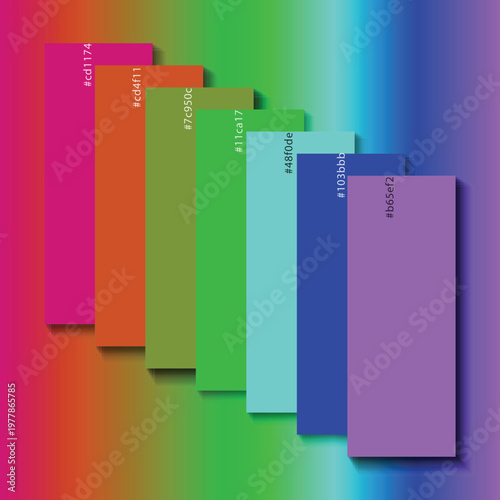 Rainbow color palette swatches with hex codes, professional graphic design color guide on vibrant gradient background, set of 7 colorful rectangular samples for branding and web design