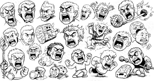 Billede på lærred Human Emotions Line Art: Dynamic Black and White Cartoon Collection of Angry Faces and Characters Expressing Aggression, Rage, Frustration, and Fury