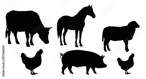 Horse silhouettes vector set on farm background