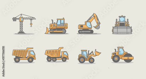 Construction vehicles and heavy machinery.
