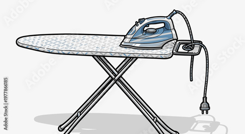 Electric iron on ironing board closeup.