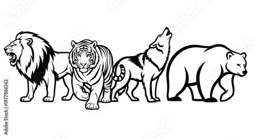 Lion Tiger Wolf Bear Animals Lineup.