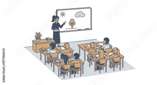 Teacher standing in front classroom.