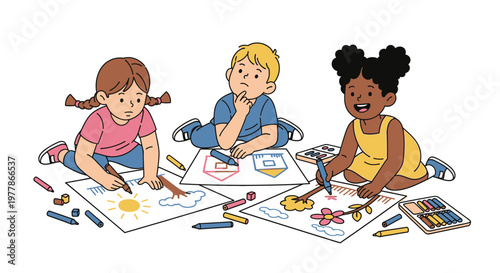 Three children drawing with colorful crayons.