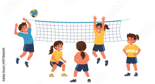 Young girls playing volleyball together.