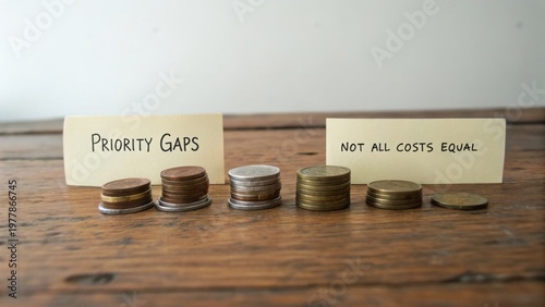 Understanding Financial Concepts in Personal Budgeting with Stacked Coins and Priority Gaps on Rustic Background