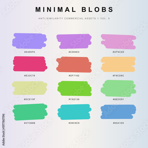 Minimal blobs collection with 12 colorful organic shapes, abstract marker stroke elements for graphic design, vibrant pastel paint smear set with hex color codes for branding projects