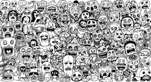 Canvas Print Black and White Hand-Drawn Doodle Art Horror Crowd with Grotesque Faces, Monster