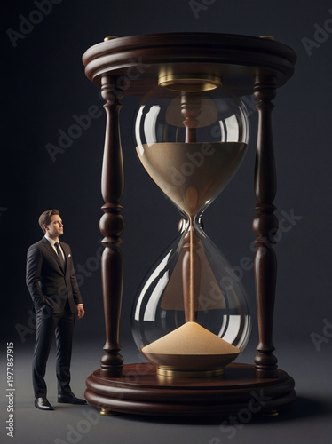 A businessman in a formal suit stands next to a massive ornate wooden hourglass with flowing sand against a dark background, symbolizing time management, deadlines, and corporate strategy
