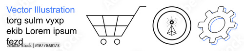 E-commerce, online shopping, navigation, technology, innovation, direction. Image includes a shopping cart, compass with a central point and a gear. E-commerce and navigation concepts