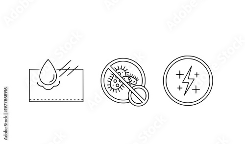A set of three icons representing waterproof, germs, and electricity