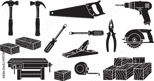 Collection of various carpentry tools and materials for construction