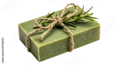 Rectangular green soap bar with rosemary sprig tied with rustic twine on white background