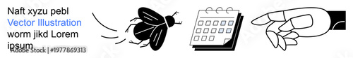 Productivity, time management, nature, pest control, scheduling tasks, and organization. Features a flying insect, a calendar and a pointing hand. Time management and productivity concept