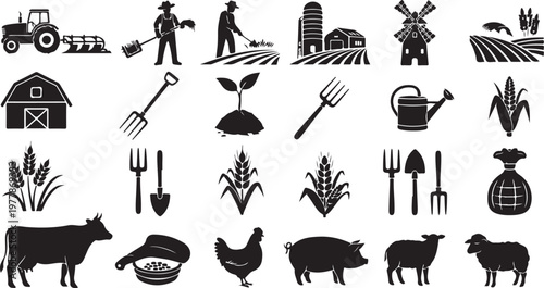 Agricultural icons and farm tools on white background set