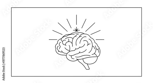 Conceptual illustration of a human brain with radiating lines and a starburst, symbolizing ideas and intelligence.