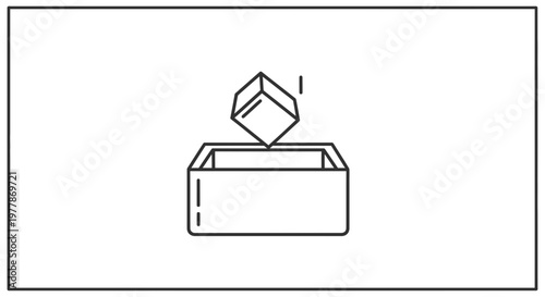 Cube Falling Into Box Icon, Conceptual Graphic for Strategy, Planning, or Problem Solving