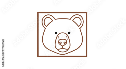 Cute Bear Face Icon, Simple Line Art, Brown Outline, Square Frame