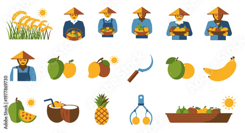 Fresh fruit and farmer illustrations.