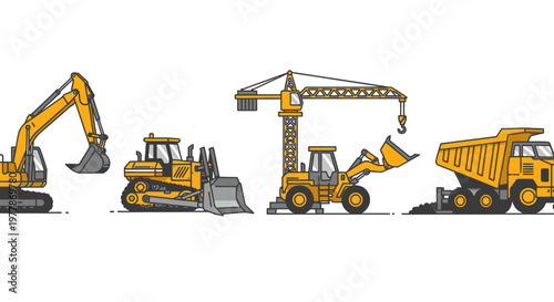 Heavy Construction Equipment Vehicles Lineup.
