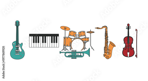 Musical instruments for jazz band performance.