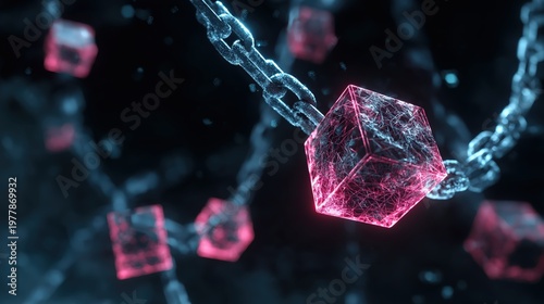 Digital chains link glowing red cubes representing blockchain or secure data networks in a futuristic, high-tech environment.