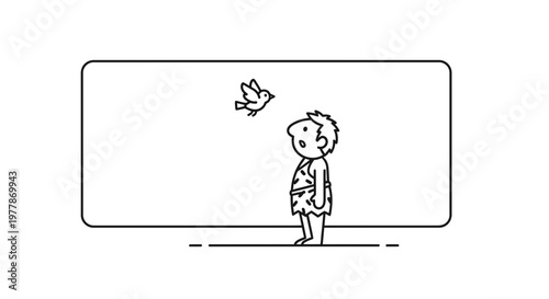 Caveman Amazed by Flying Bird in Minimalist Outline Style