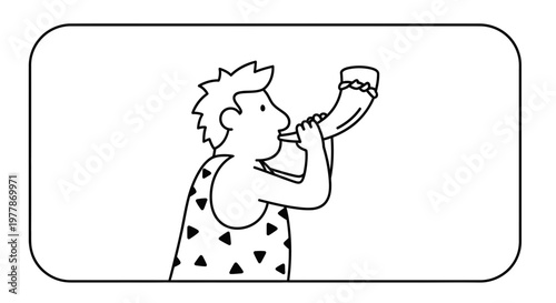 Caveman blowing a horn, prehistoric man playing ancient musical instrument, primitive lifestyle