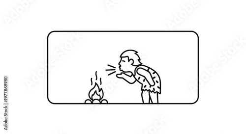 Caveman blowing on campfire, prehistoric man discovering fire, ancient human innovation
