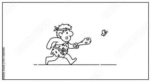 Caveman Chasing Butterfly with Club, Funny Primitive Man Illustration