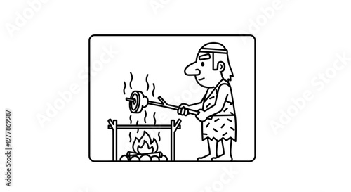 Caveman Cooking Food Over Campfire, Prehistoric Man Roasting Meat on Stick