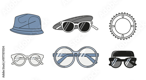 Variety of stylish eyewear and hat.