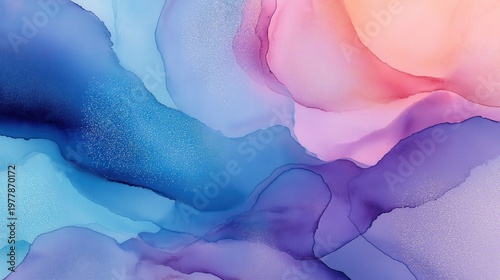 Abstract fluid art with flowing blue, purple, and pink hues blending seamlessly, creating a serene and dreamy watercolor effect.