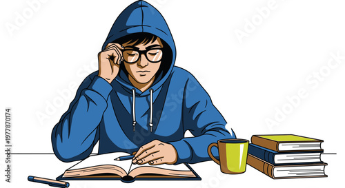 Young adult student studying with books.