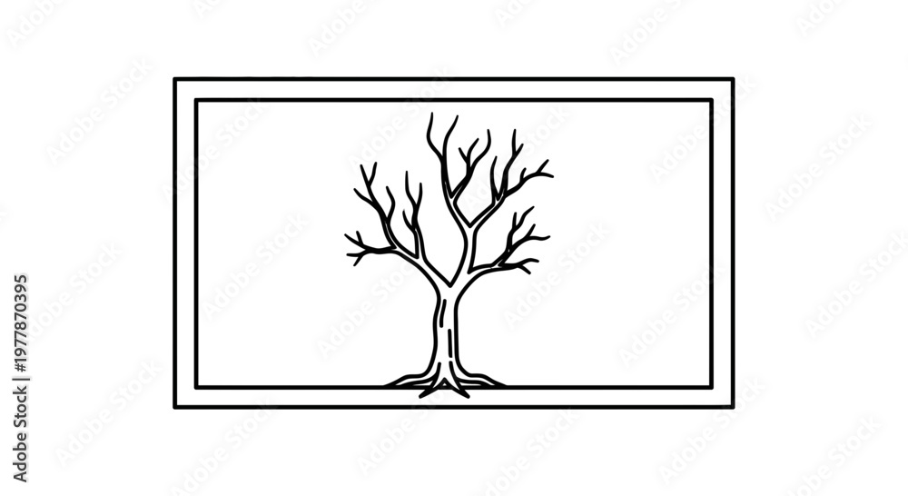 Obraz premium Bare Tree Silhouette in Rectangle Frame, Minimalist Black and White Line Art