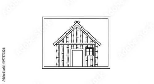 Bamboo Hut Outline Drawing: Traditional Tropical Dwelling with Window and Door