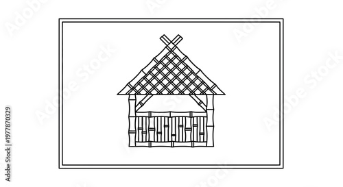 Bamboo Hut Outline Drawing, Traditional Asian Architecture, Simple Shelter Design