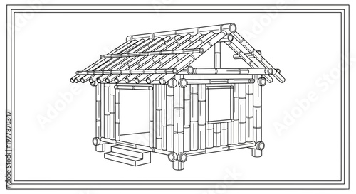 Bamboo Hut Sketch: Rustic Shelter Design, Traditional Architecture, Eco-Friendly Building