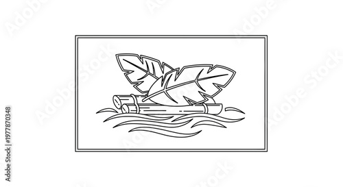Bamboo Raft with Feathers Floating on Water - Outline Illustration