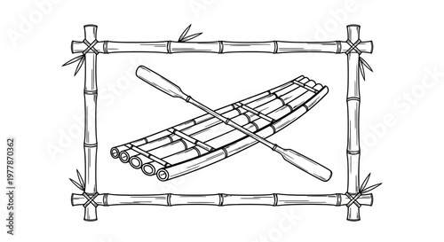 Bamboo Raft with Paddles in Frame, Hand Drawn Sketch, Adventure Travel Concept