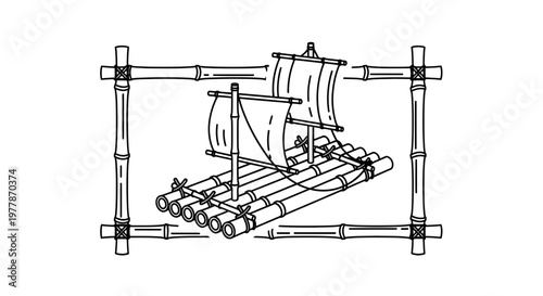 Bamboo Raft with Sails in Bamboo Frame, Hand-Drawn Vector Illustration