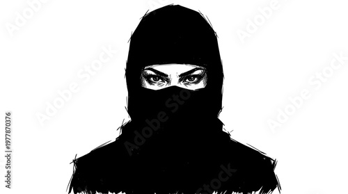 Hooded Female Ninja Portrait Sketch Style Vector