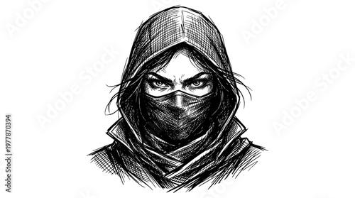 Hooded Female Ninja Portrait Sketch Style Vector